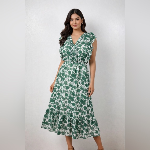 Sienna Sky Tops - Sienna Sky Green Floral Ruffle Midi Dress Cottagecore Feminine Spring Summer S